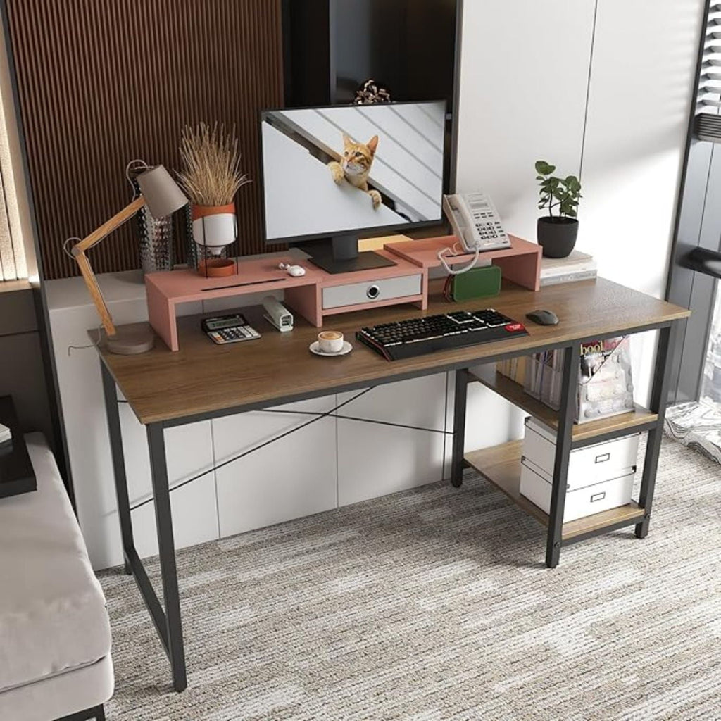 Dual 3 Shelf Computer Riser with Drawer, Adjustable Length and Angle, Desktop 2 Monitor Stand Storage Organizer - Image 6