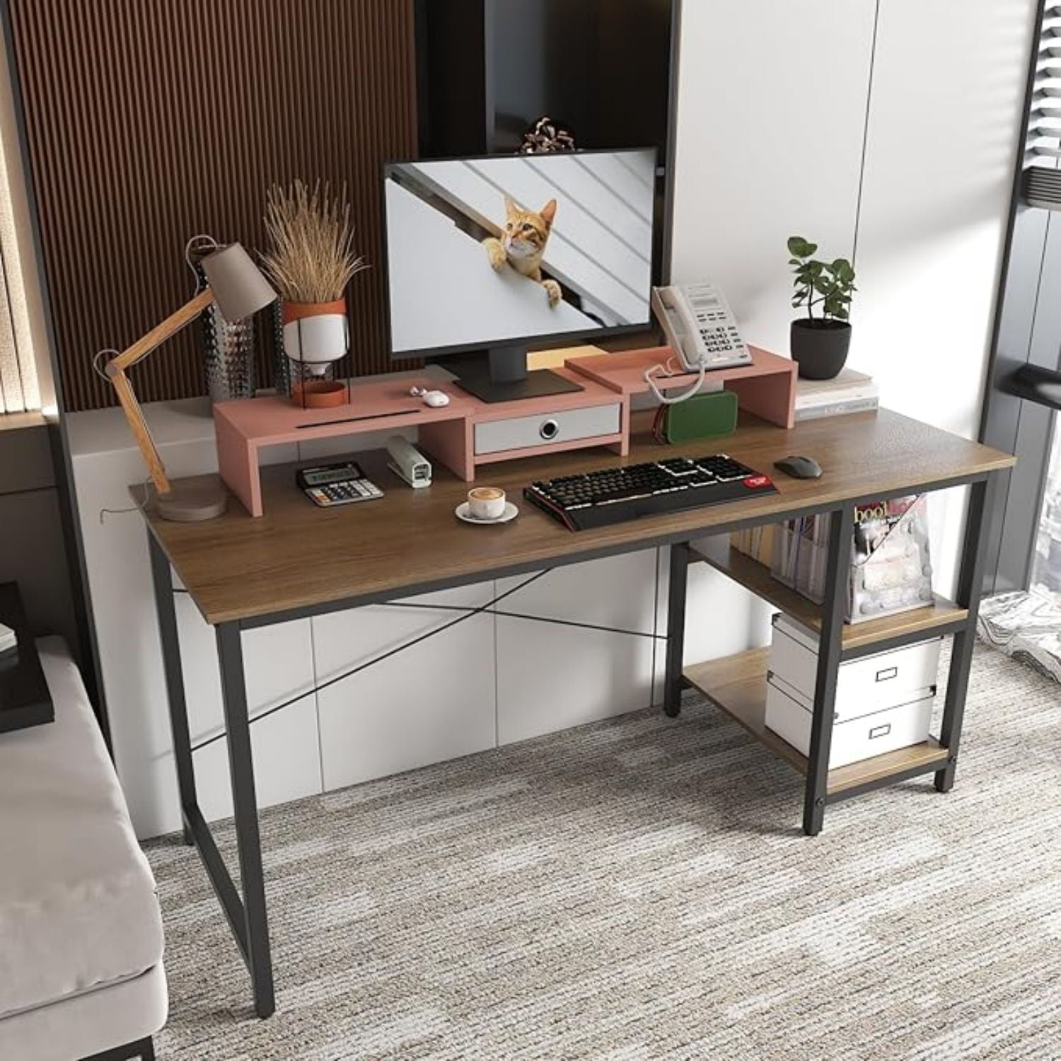 Dual 3 Shelf Computer Riser with Drawer, Adjustable Length and Angle, Desktop 2 Monitor Stand Storage Organizer - Image 6