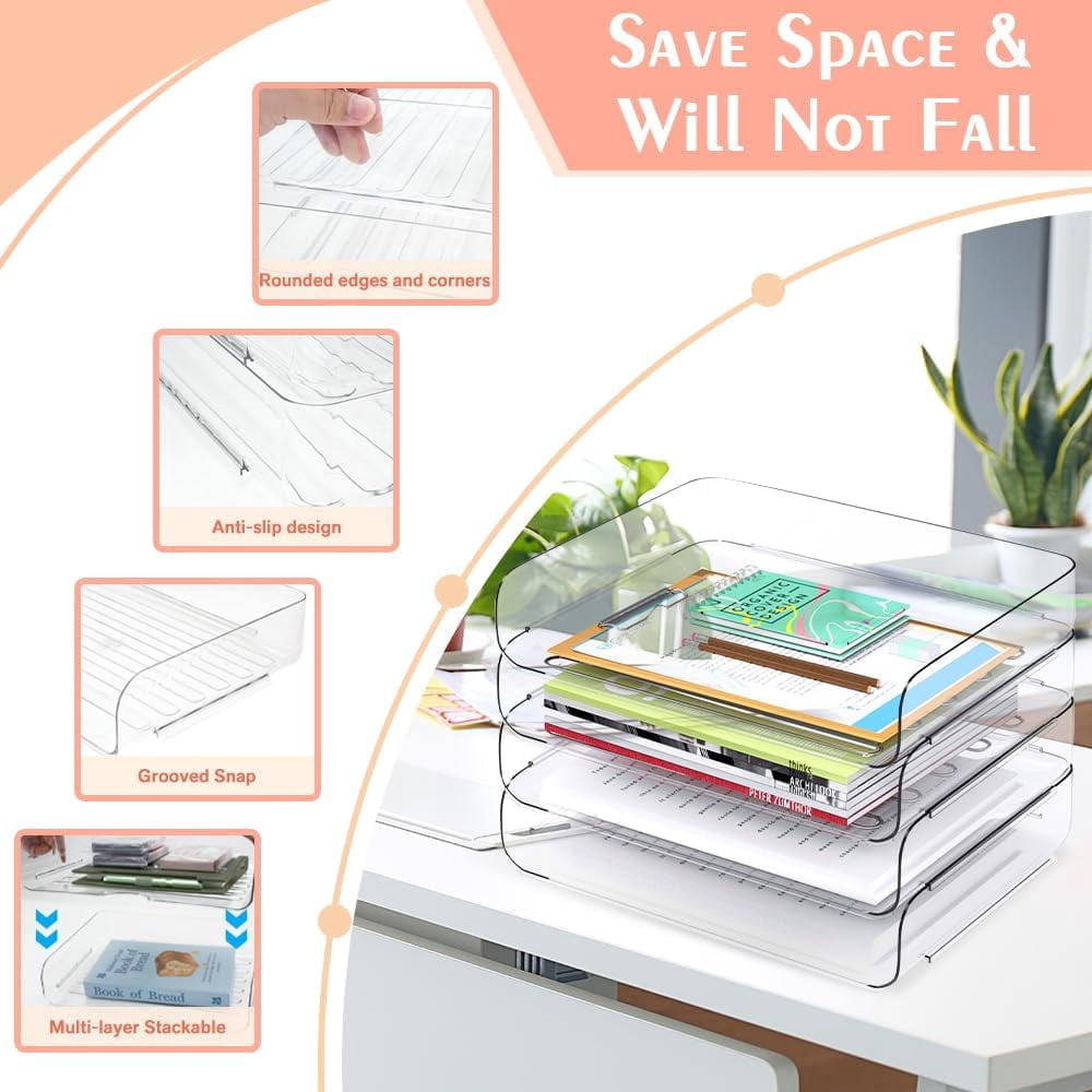 IBQUEM 4 Tier Desk Letter Tray Set, Clear Stackable Document Organizer,A4 Size Acrylic Desk Organizers, Tidy File Pap... - Image 3