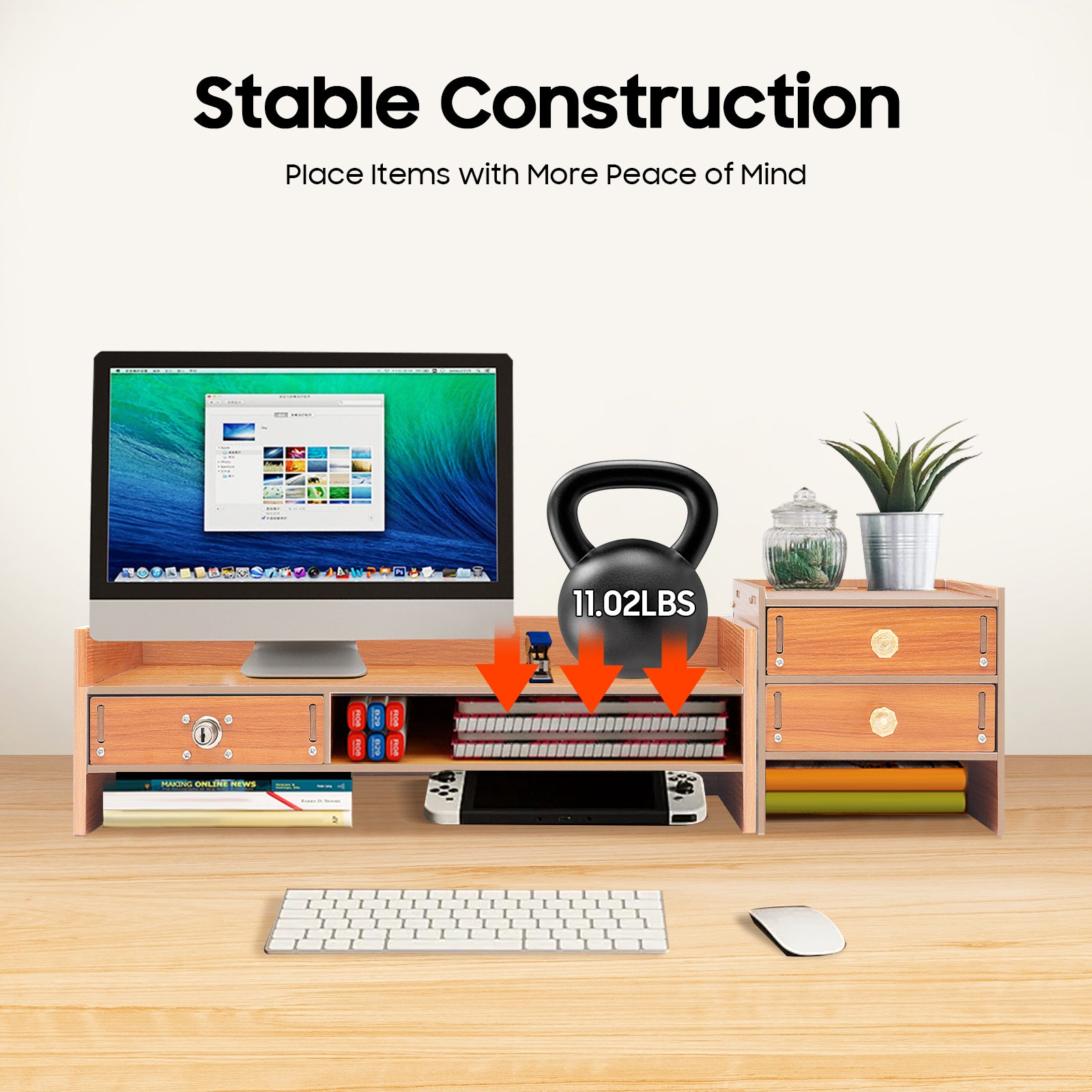 Wooden Computer Monitor Stand with Lockable Drawer, 3 Drawers & Phone Holder, Space-Saving Desk Organizer, Ergonomic ... - Image 5