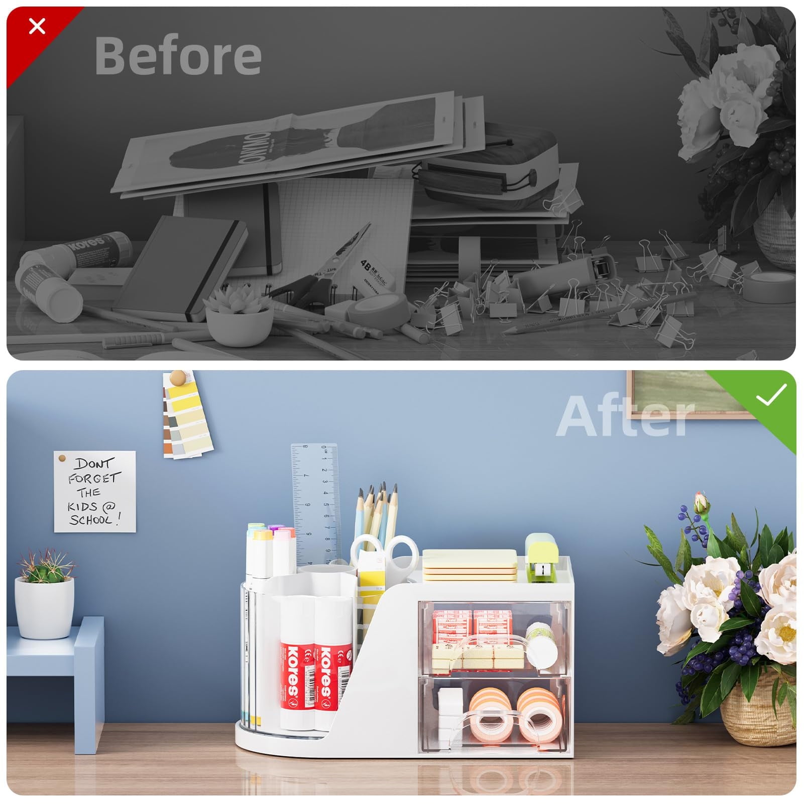 with 2 Drawer, 360°Rotating Pen Holder for , s and Accessories with 6 Slots Pencil + 2 Drawer，1 Pack (White) - Image 5