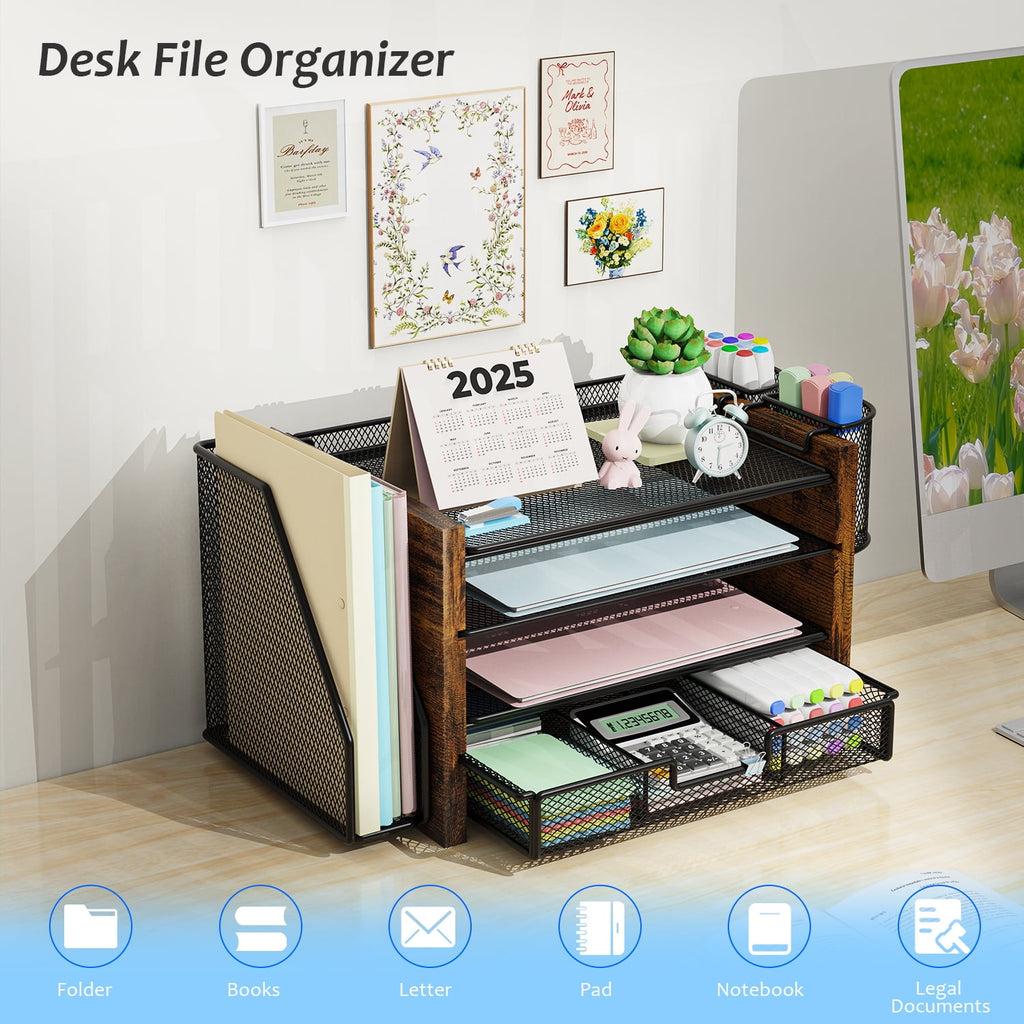 4-Tier Wooded Desk Organizer Sets, Desktop File Organizer with Drawer and Pencil Holders for Office, Dorm Desktop Set... - Image 3
