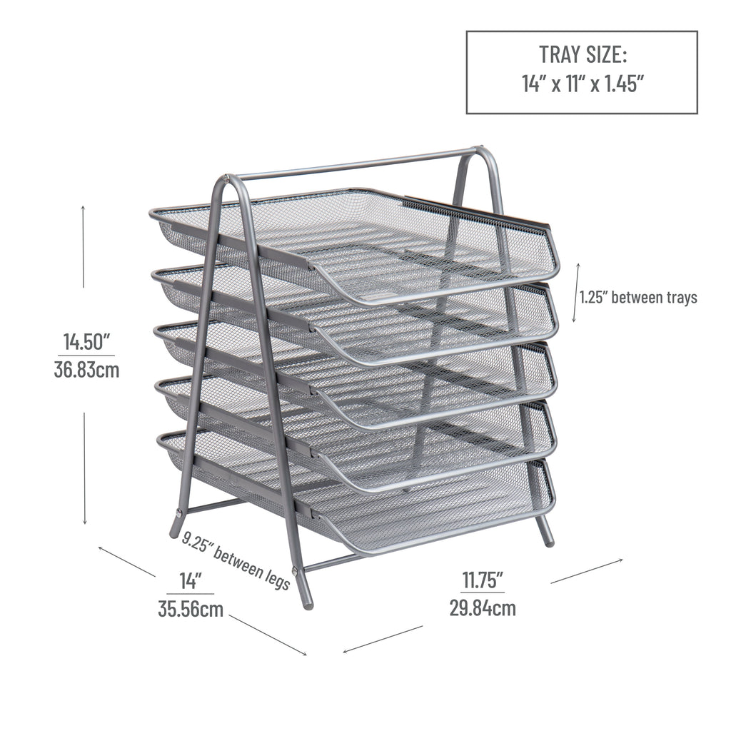 5-Tier Paper Tray, Desktop Organizer, File Storage, Office, Metal Mesh, Silver - Image 3