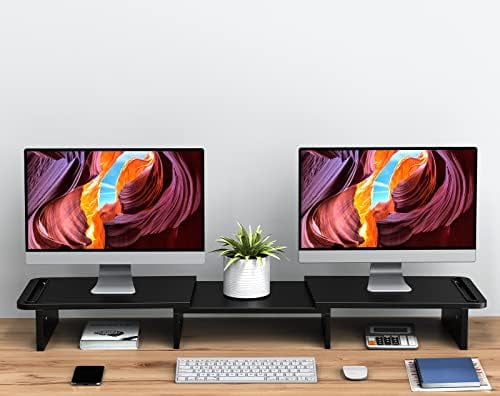Dual Monitor Stand Riser, Monitor Stand with Adjustable Length and Angle, Wood Monitor Stand for Desk, Monitor Riser for 2 Monitors with Sto - Image 3