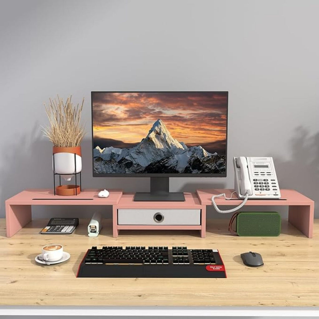 Dual 3 Shelf Computer Riser with Drawer, Adjustable Length and Angle, Desktop 2 Monitor Stand Storage Organizer - Image 4