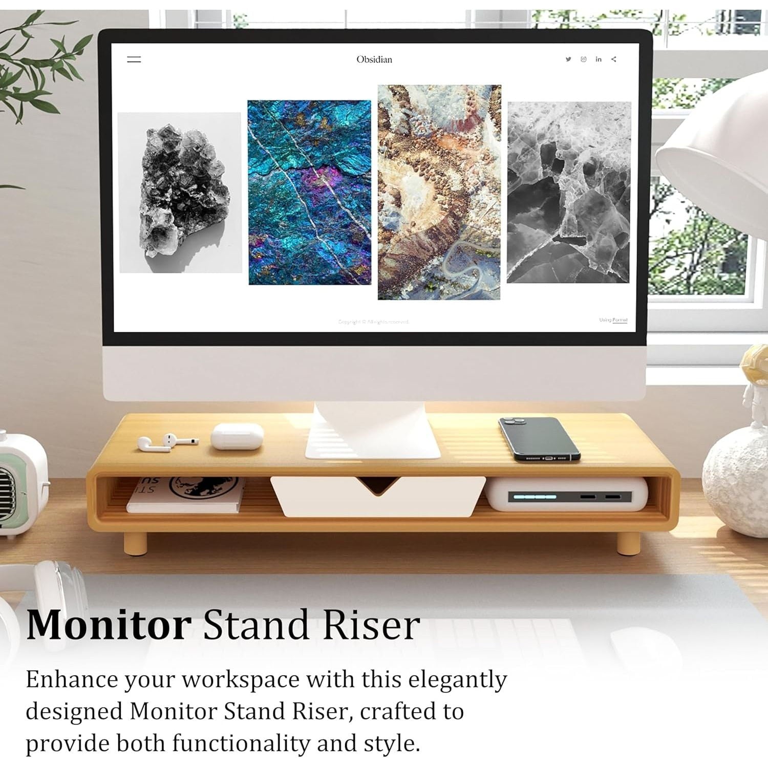 with Drawer, Exquisite Computer for Desk, Ergonomic Wood Riser for Computer,Laptop,Printer,TV,Bamboo,White - Image 4