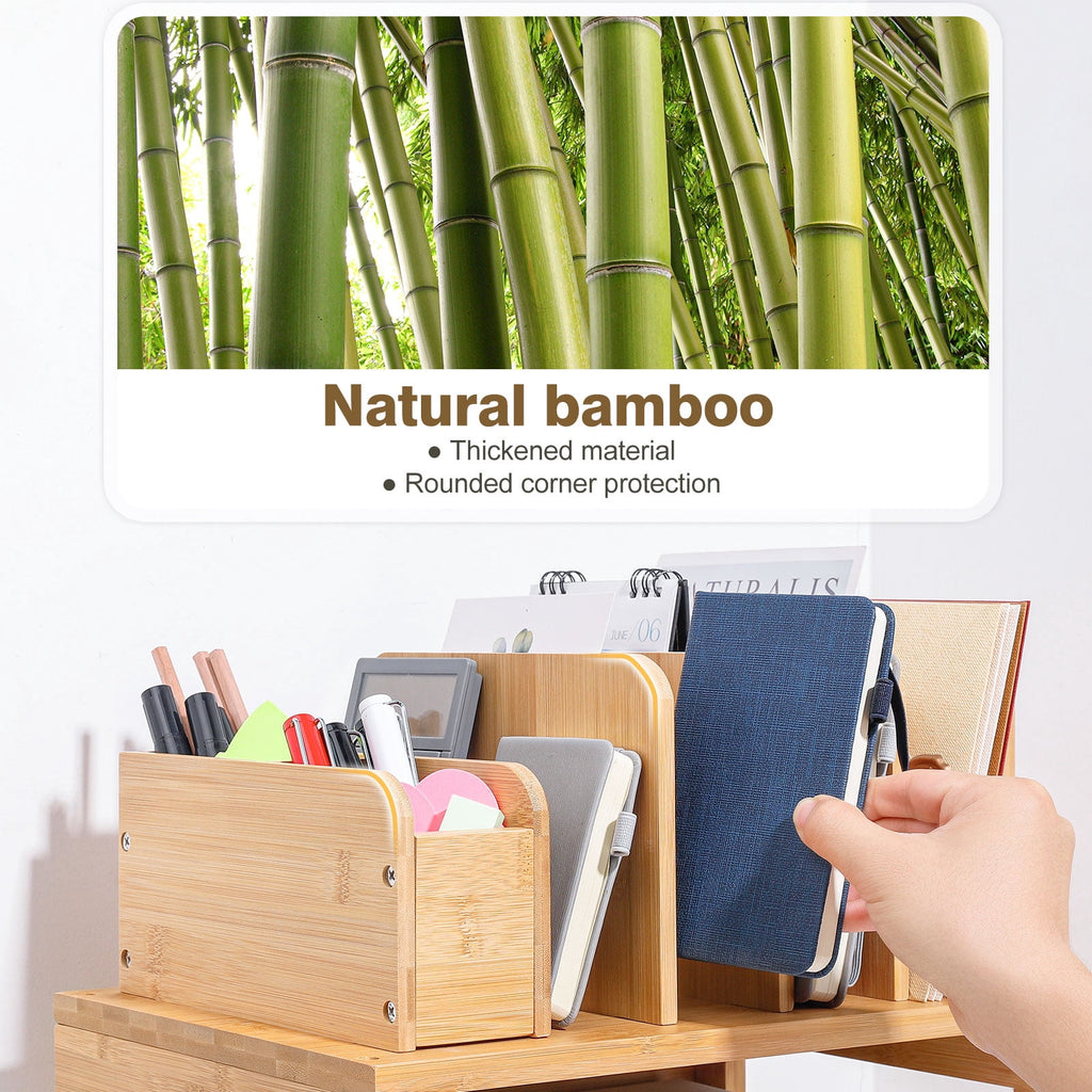 Bamboo Desk Organizer with File Holder & Adjustable Pen Holding, 3-Tier Desktop Letter Paper Tray Storage - Image 6