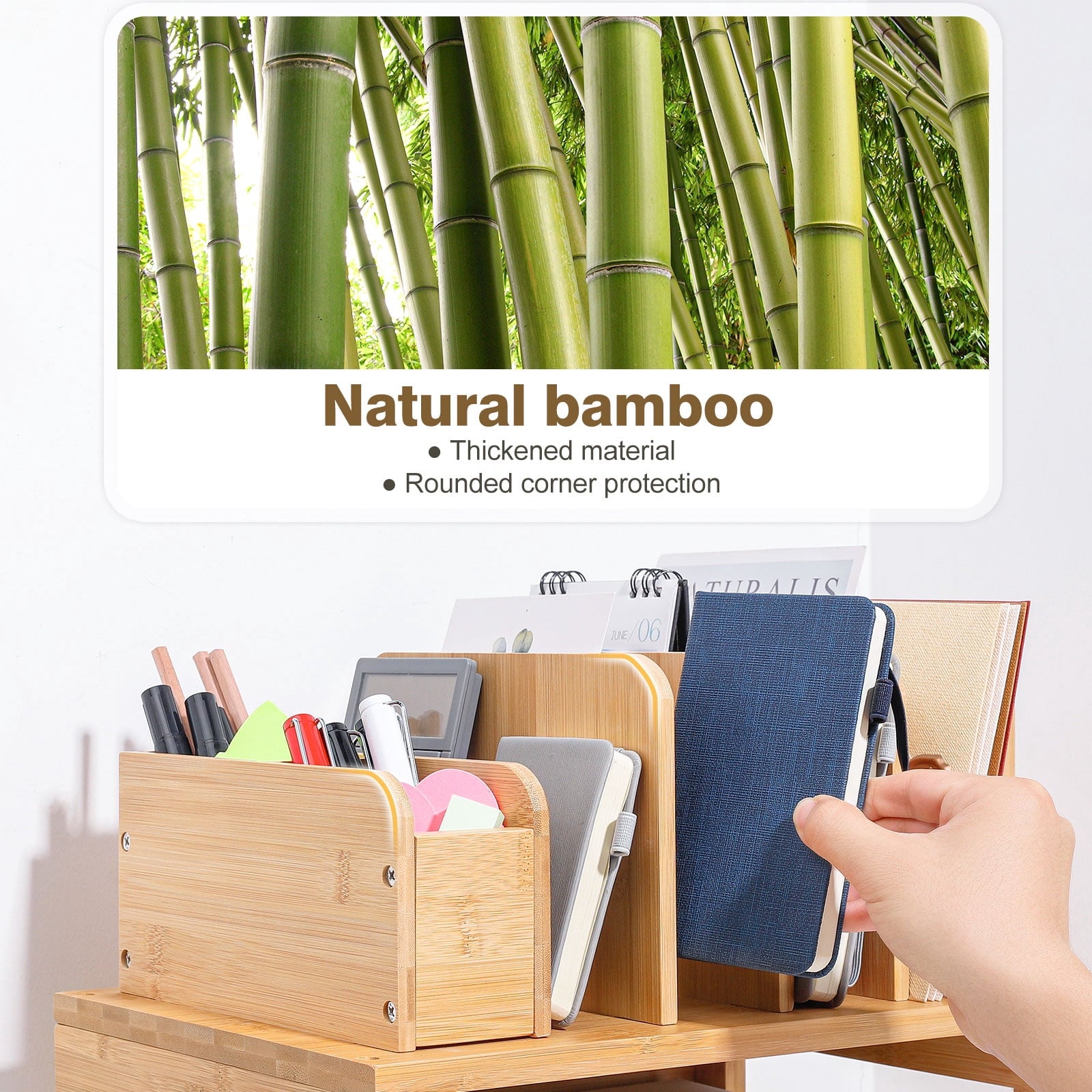Bamboo Desk Organizer with File Holder & Adjustable Pen Holding, 3-Tier Desktop Letter Paper Tray Storage - Image 6