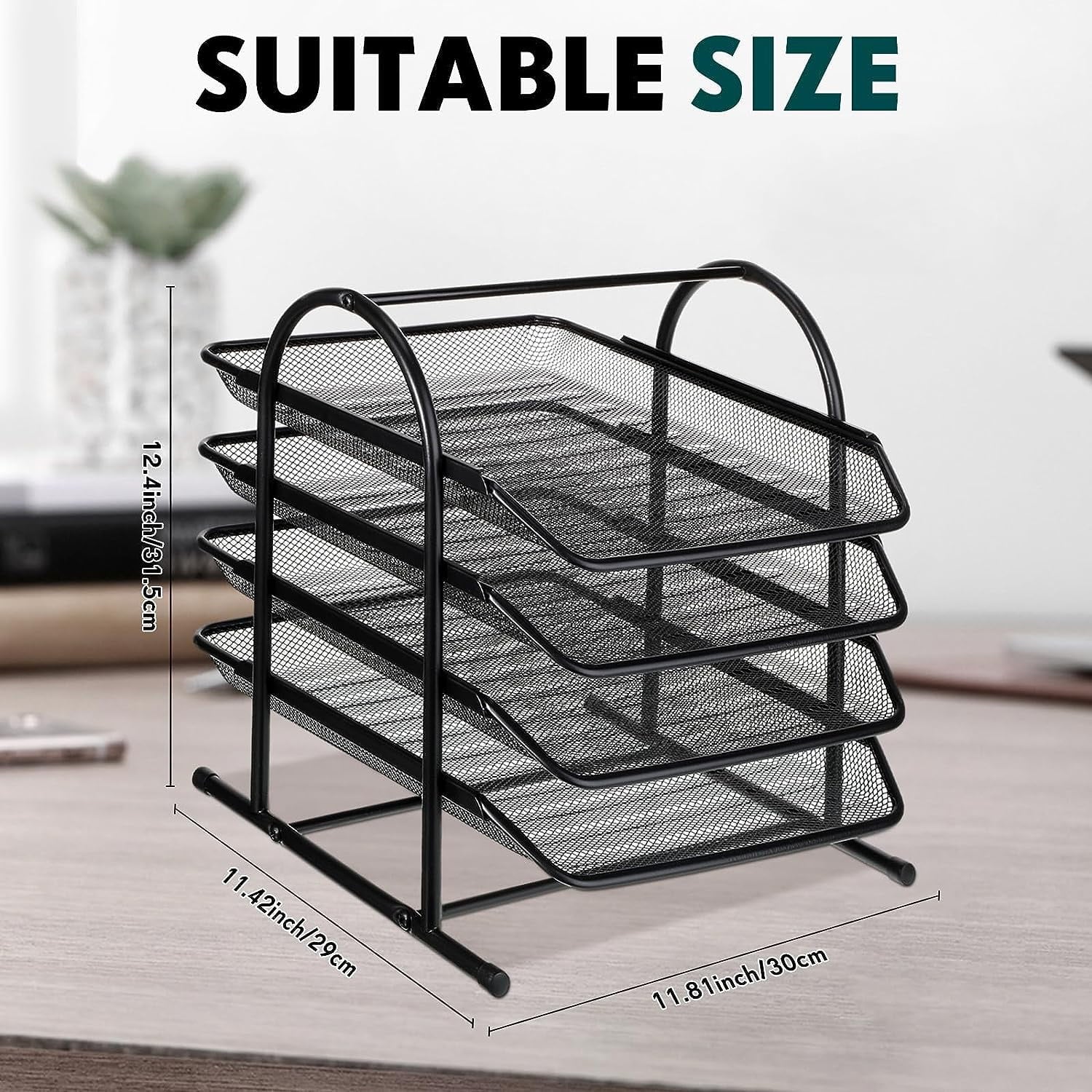 KABB Paper Organizers for Desk Mesh Letter File Tray Organizer with 4 Sliding Trays Black Stackable Desktop Document Storage Shelf Rack for - Image 2