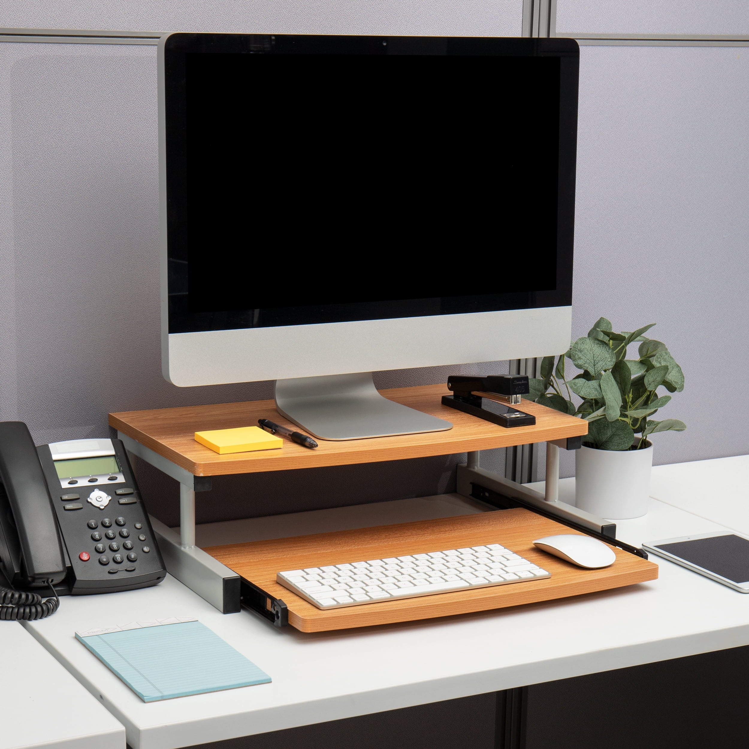 Mind Reader Monitor Stand, Sliding Keyboard Drawer, Riser, Metal, 20"L x 14.75"W x 5.9"H, Brown - Image 2