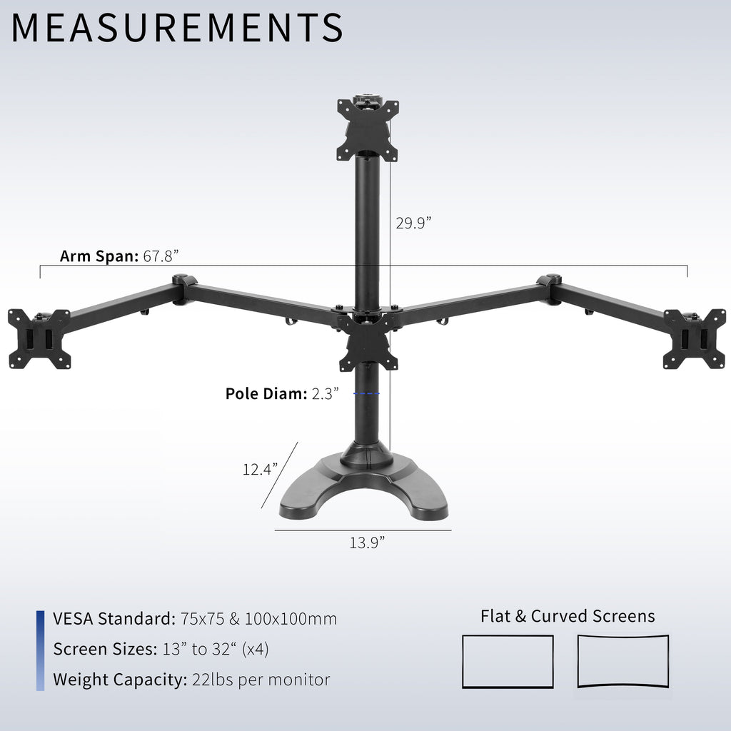 Steel Quad Monitor Mount Adjustable 3 + 1 Stand | 4 Screens up to 32" - Image 3