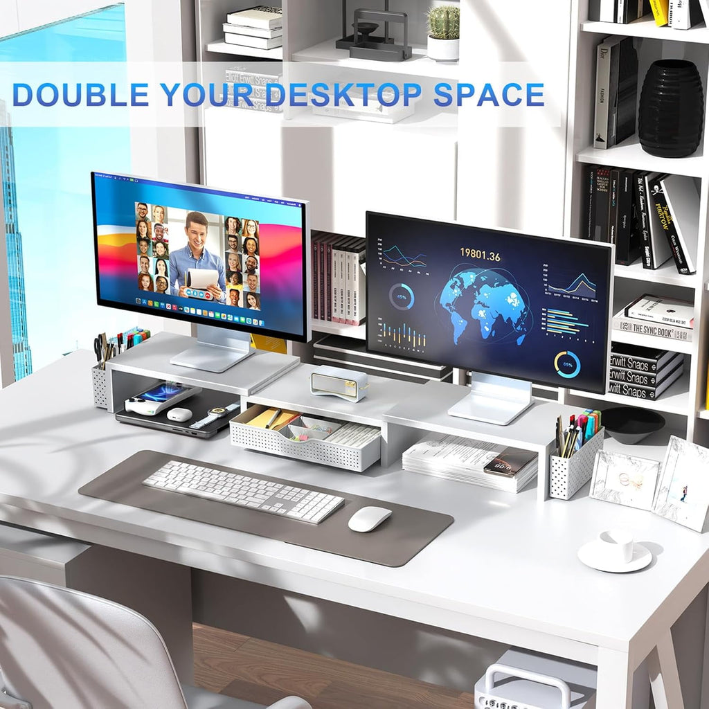 Riser, Desk Organizer With Drawer and 2 Pen Holders, for Desk, Office Decor Essentials (White) - Image 5