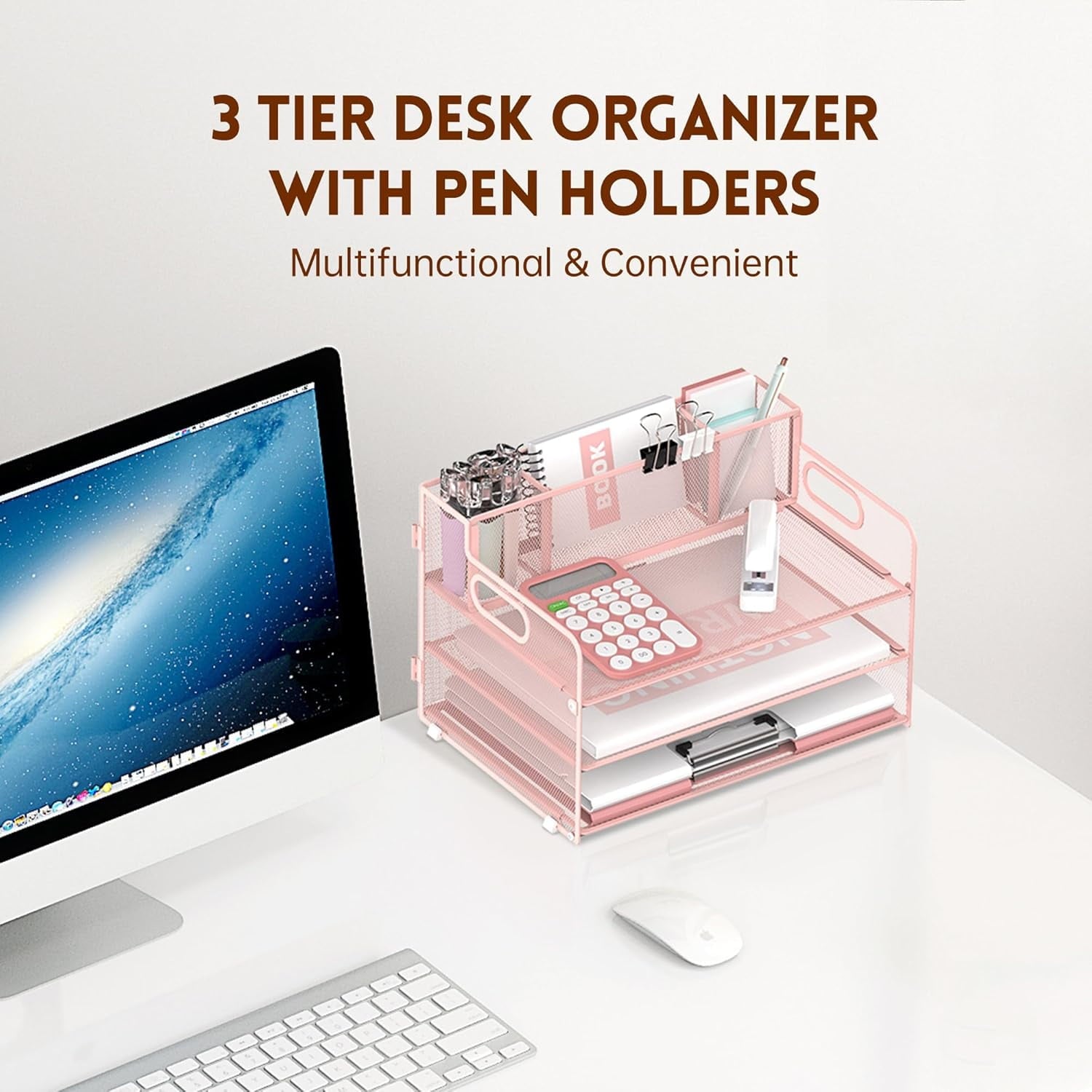 3 Metal Mesh Desk Organizer with 3 Pen Holders and Handle, Paper Organizer, Pink, 1 Pcs - Image 5