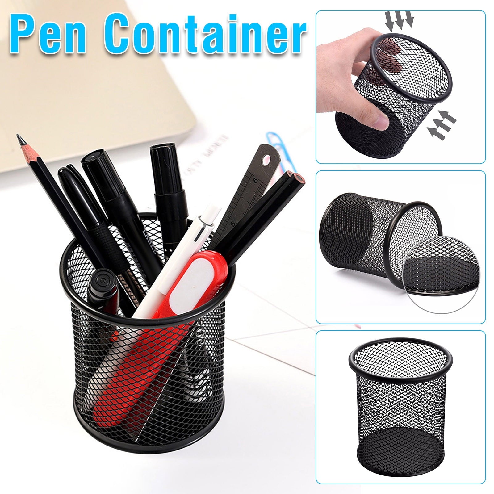 Mesh Pen Holder, 4'' Metal Pencil Holders Round Shaped Pen Holders for Desk Office Wire Mesh Container Pen Organizer,... - Image 4
