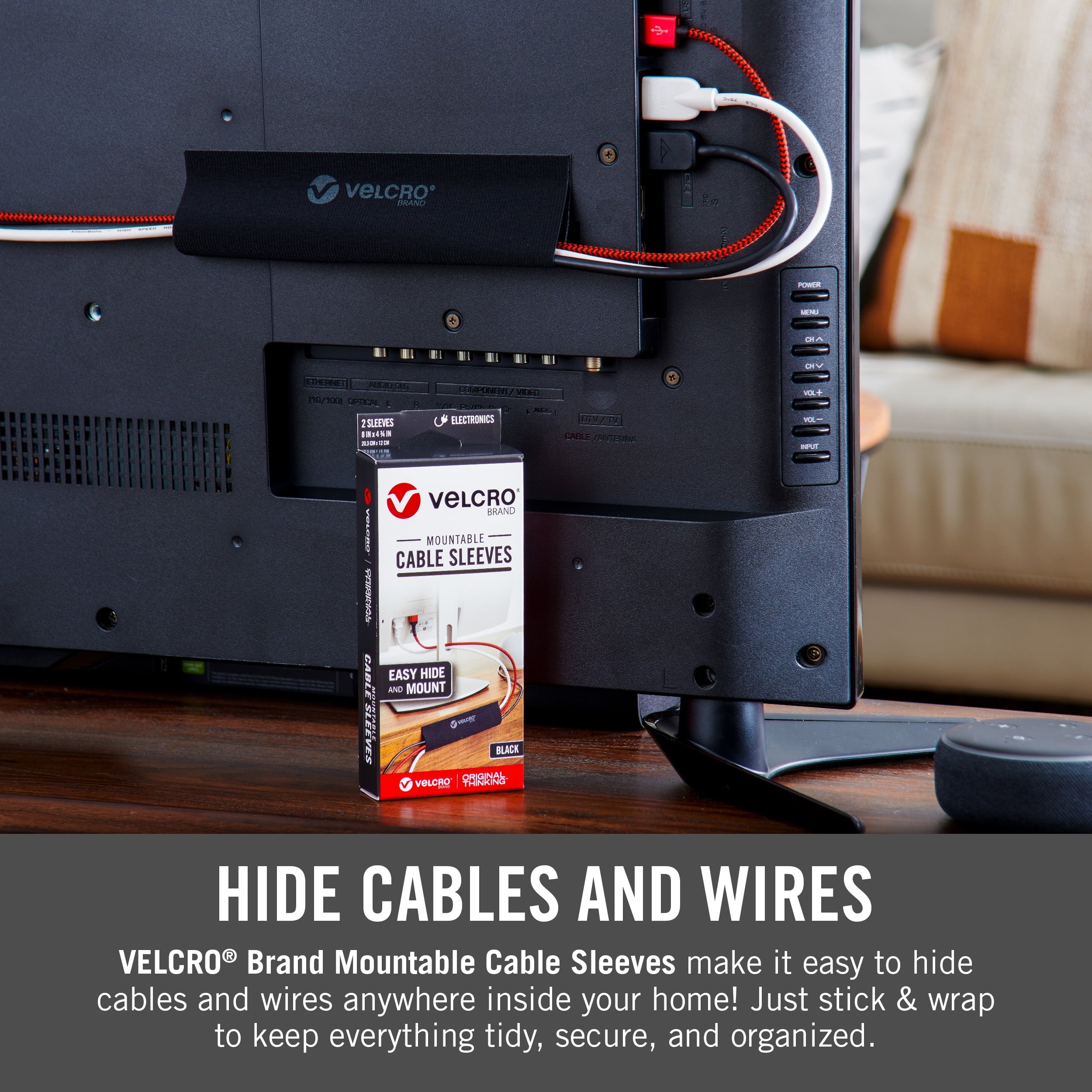VELCRO Brand Cable Sleeve | Cord Management Mounts on Walls, Desk or Entertainment Center | Removable Adhesive is Damage Free | 8in Black, 2 - Image 4