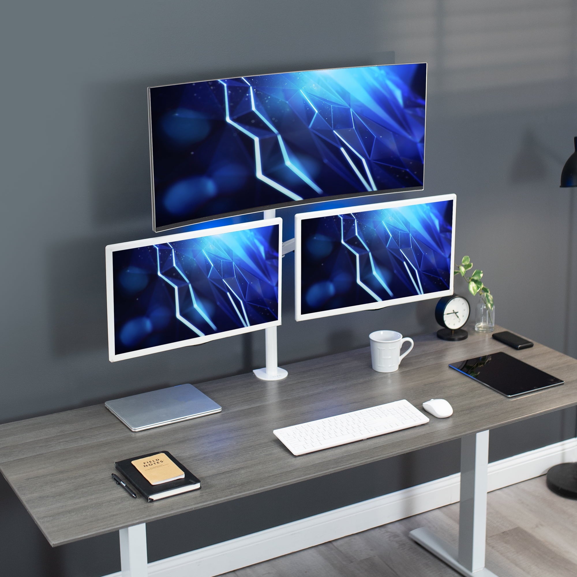 White Triple Monitor Adjustable Desk Mount Stand, 3 Screens up to 30" - Image 2