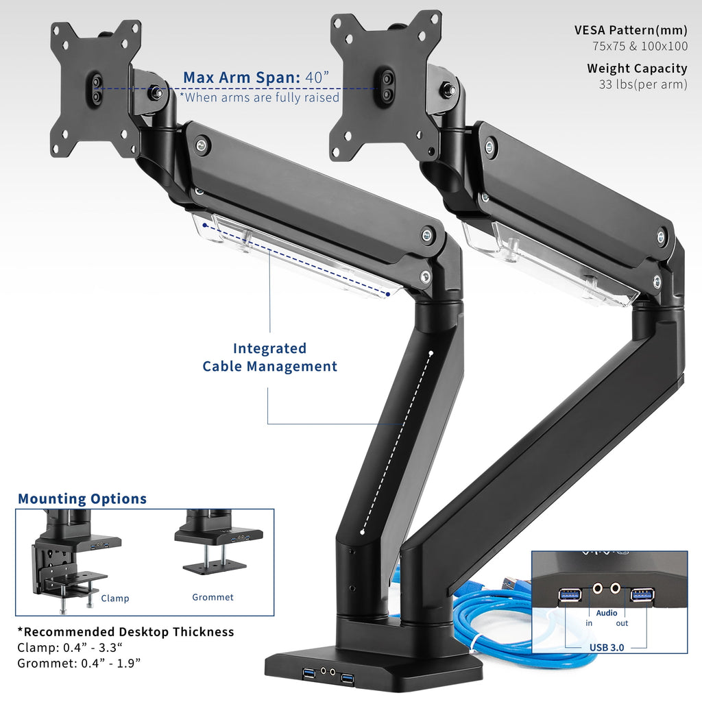 Dual Monitor Counterbalance Desk Mount Stand + USB, Fits Screens up to 38" - Image 4