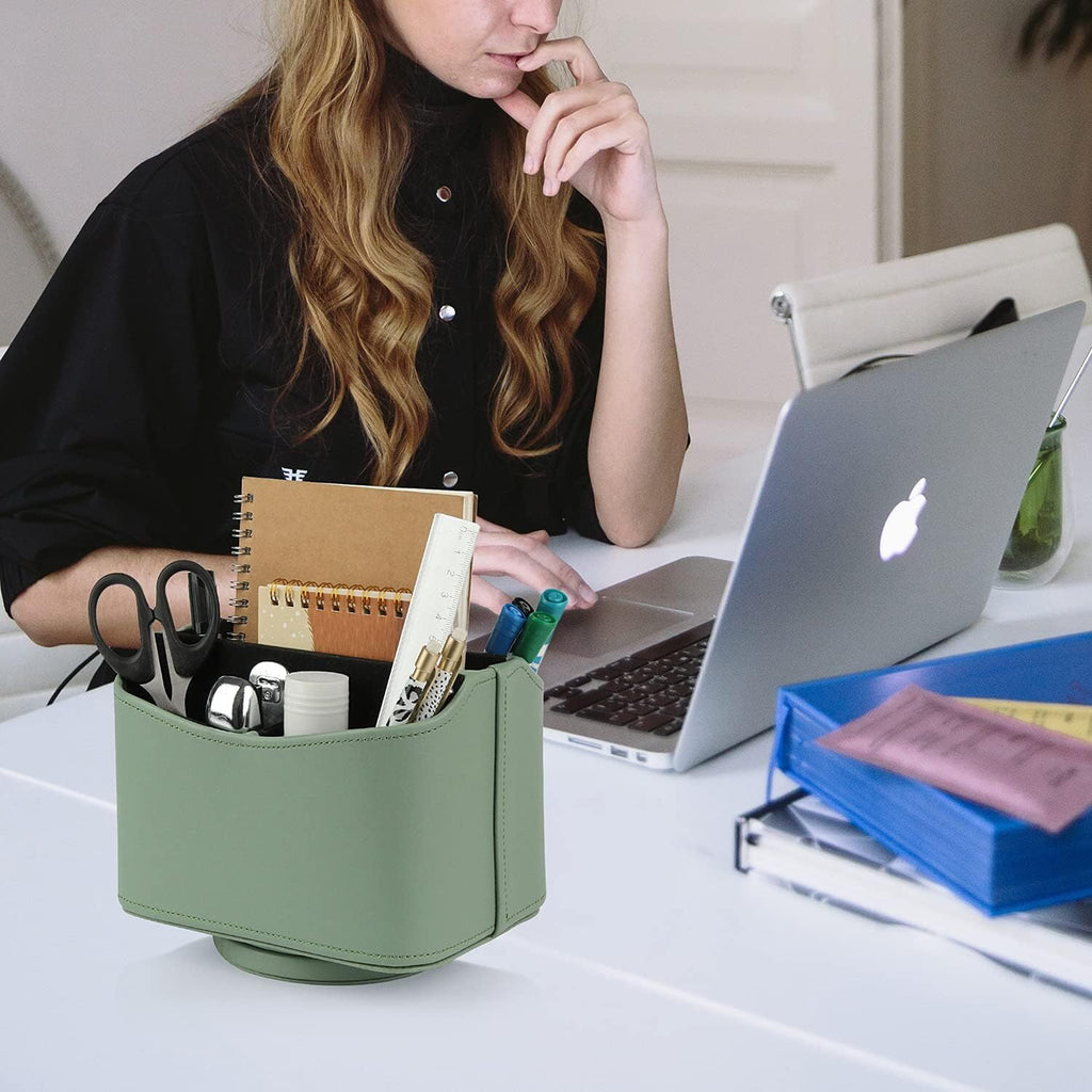 HofferRuffer Remote Control Holder, 360 Degree Spinning, PU Leather Desk Organizer, 5 Compartments Storage (Light Green) - Image 4