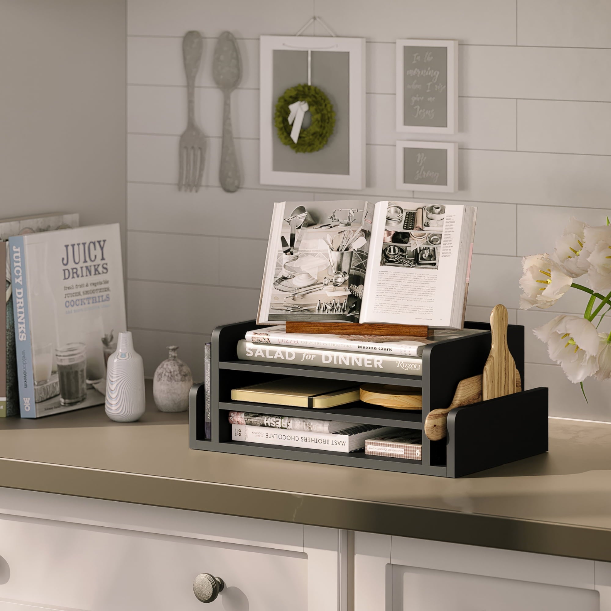 3-Tier Desk Organizer with 2 Side Mail Sorter Slots, Office Letter Tray, Black - Image 4