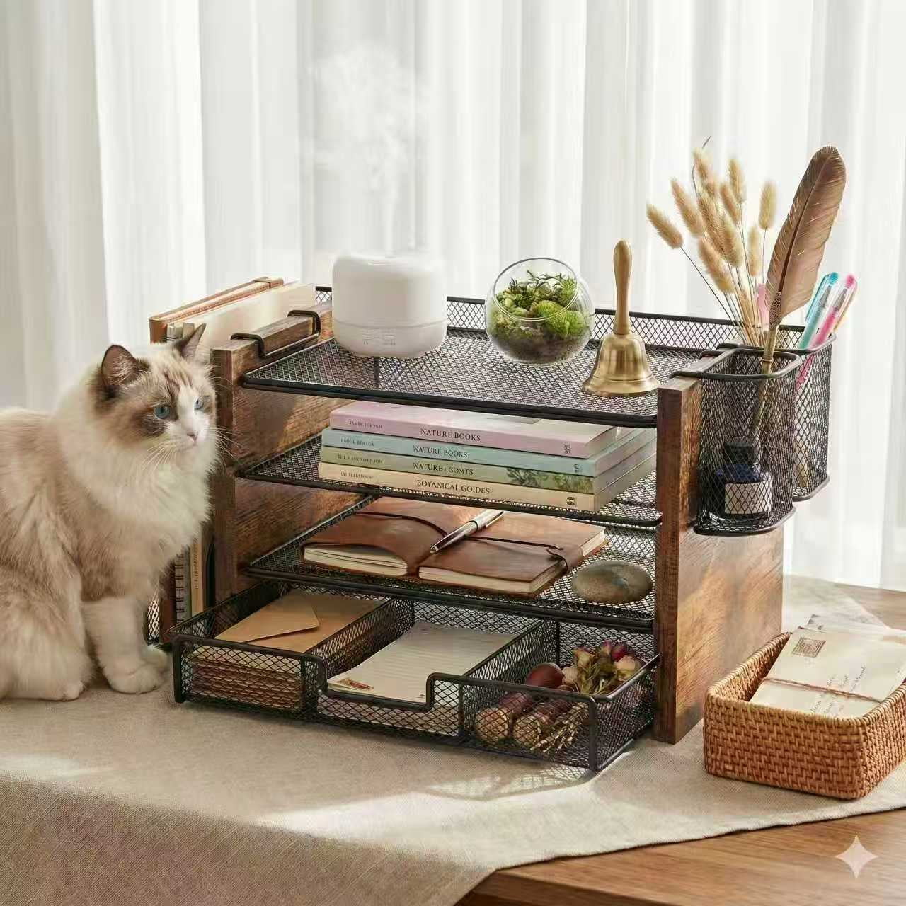 4-Tier Wooded Desk Organizer Sets, Desktop File Organizer with Drawer and Pencil Holders for Office, Dorm Desktop Set... - Image 6