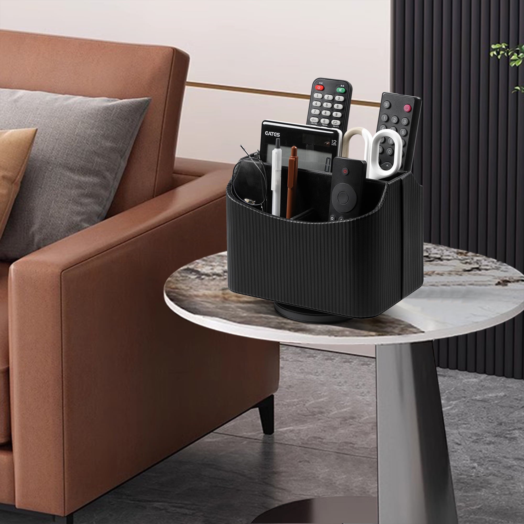 PU Leather Remote Control Holder, 360 Degree Rotating Desk Organizer Storage Table Remote Caddy, Spinning Bedside Org... - Image 6