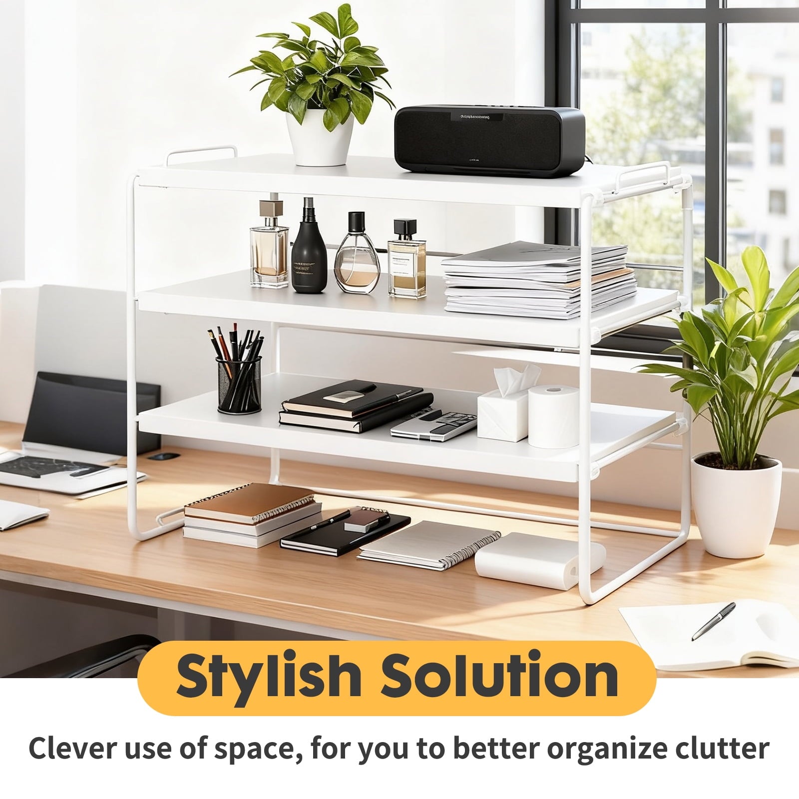 Desk Shelf Organizer, 3 Tier Desktop Organizers Storage Shelves Tabletop Bookshelf for Home Office, White - Image 4