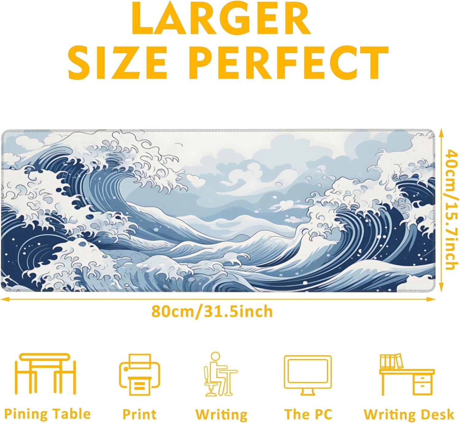 Mountain Gaming Mouse Pad,Japanese Blue and White Sea Wave Desk Mat,31.5"X15.7" Large Desk Pad with Stitched Edge Non... - Image 3