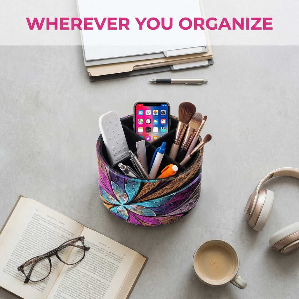 Remote Control Holder Round Leather Art Supply Organizer, PU Leather Pencil Stationery Desk Storage Makeup Organizer for Heater Controllers - Image 5