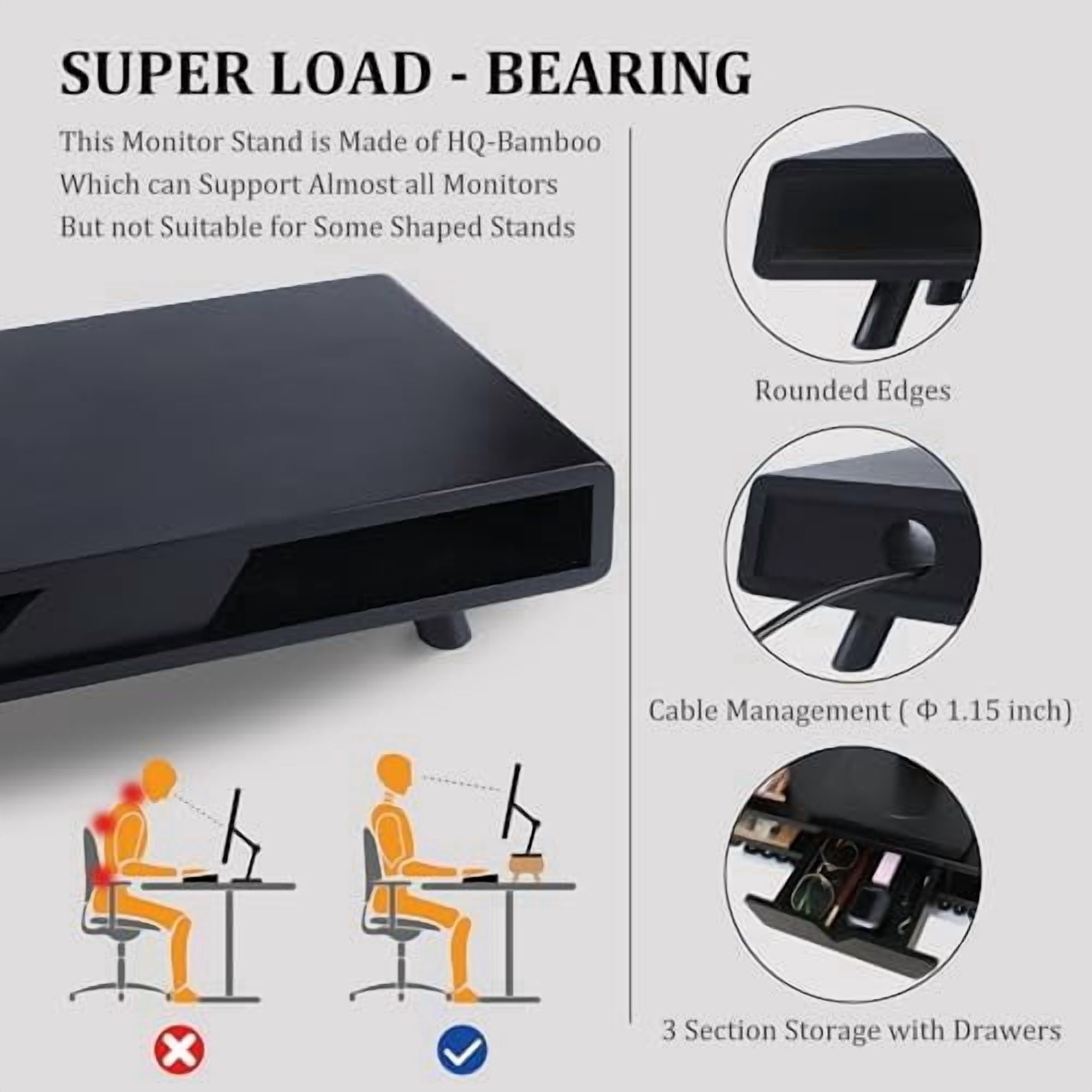 Monitor Stand with Drawer, Exquisite Computer Monitor Stand for Desk, Ergonomic Wood Monitor Stand Riser for Computer... - Image 3