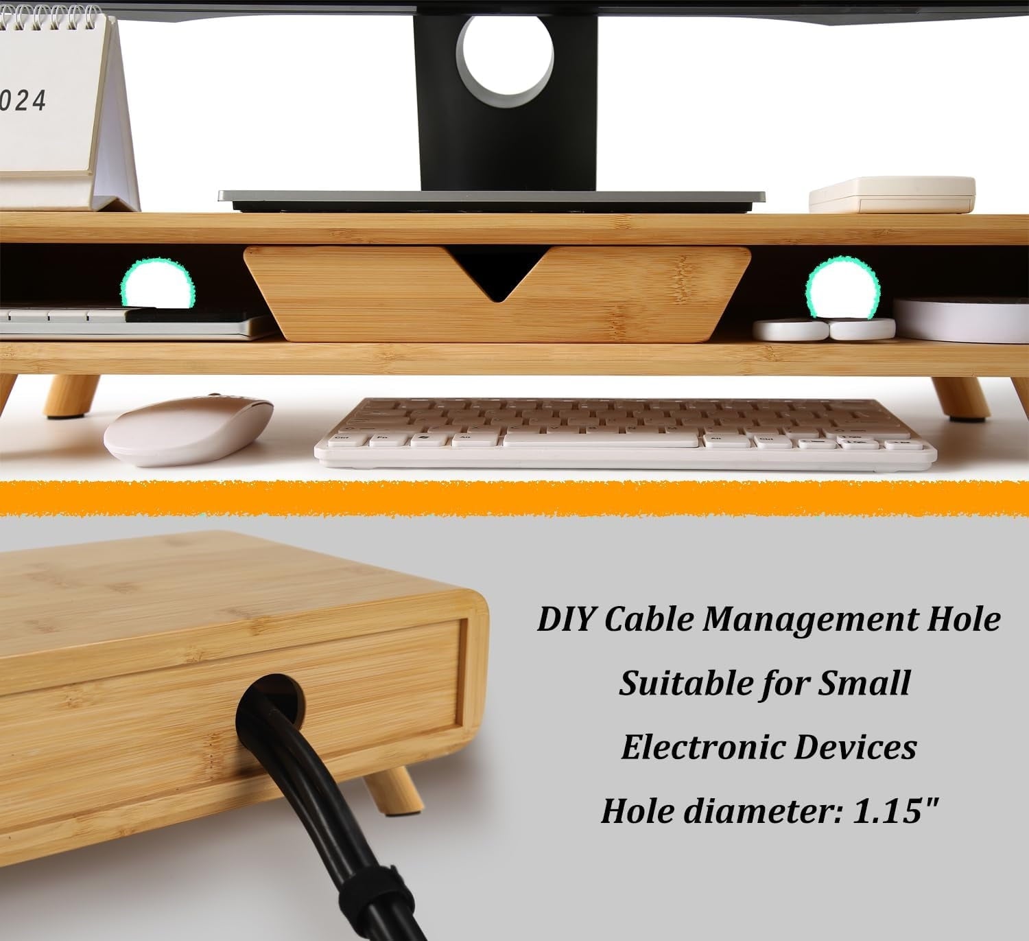 Bamboo monitor stand, no assembly required, exquisite monitor stand with drawer - Image 4