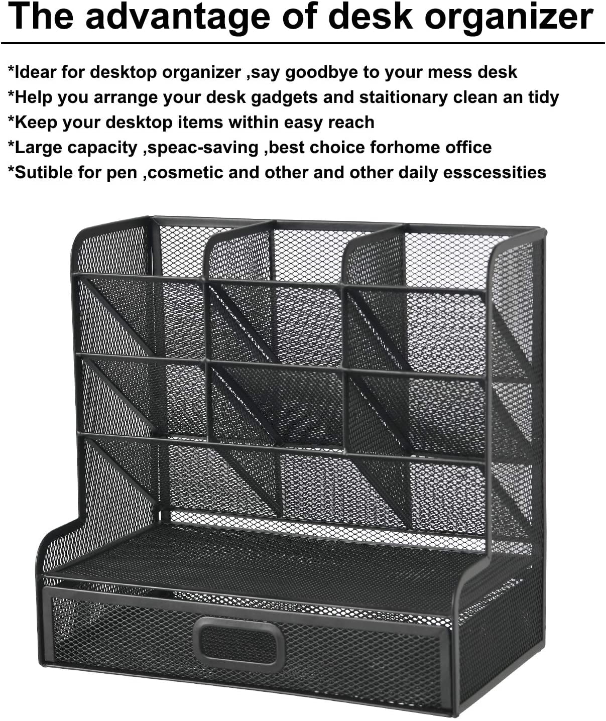 Mesh Desk Organizer with Drawer，Multi-Functional Pen Holder, Pen Organizer for desk, Desktop Stationary Organizer, St... - Image 4
