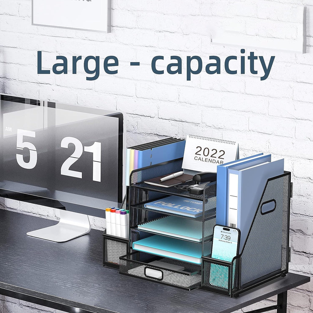 Paper 5 Compartment Mesh Desk Organizer with Drawer, Black - Image 6
