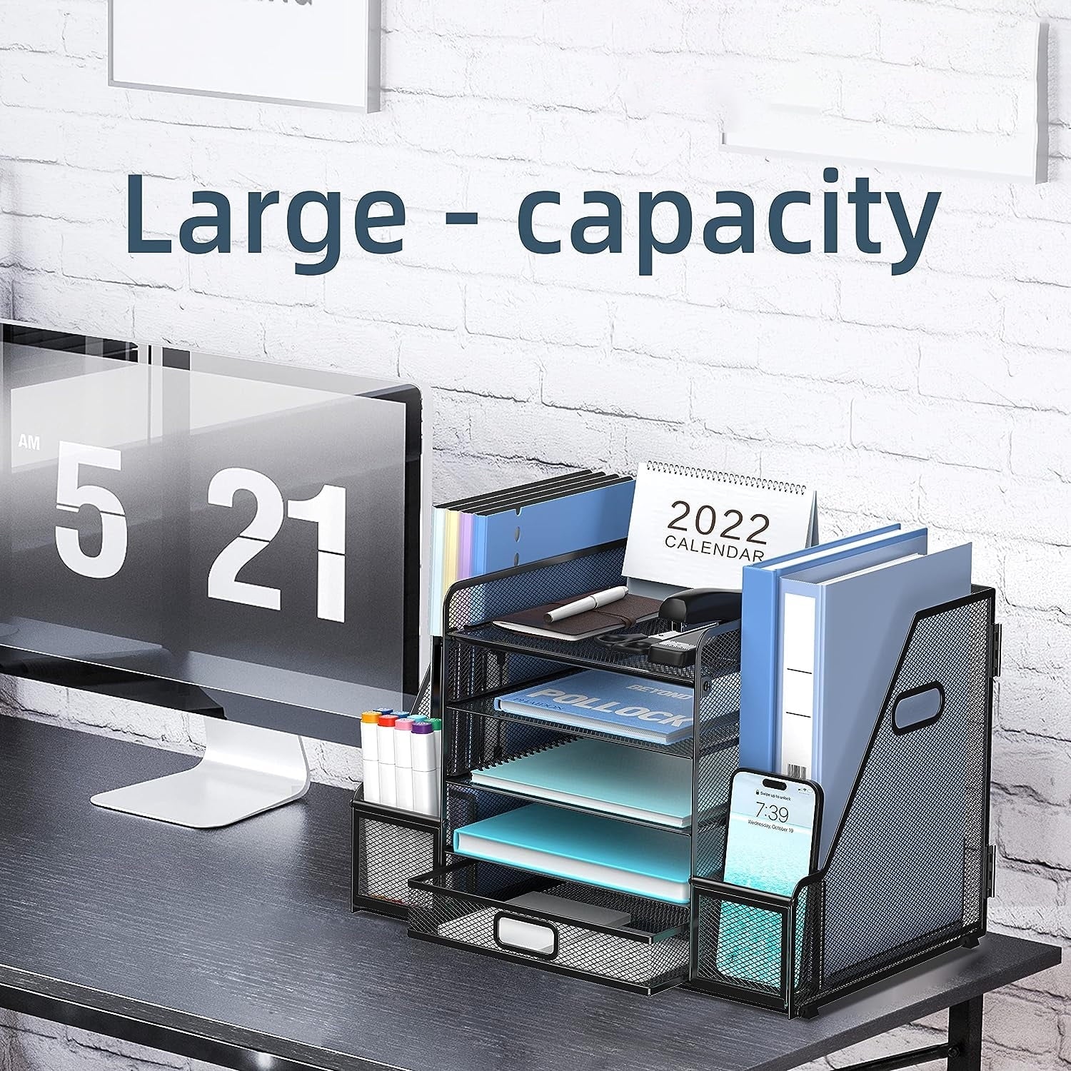 Paper 5 Compartment Mesh Desk Organizer with Drawer, Black - Image 6