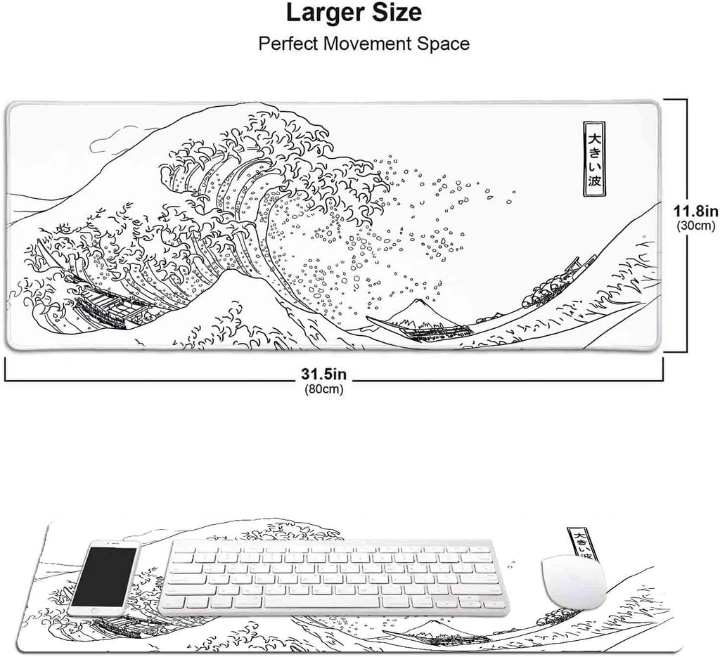 Great Wave XL Gaming Mouse Pad, White Minimalist Japanese Desk Mat, Cute Gamer Aesthetic Mousepad, Extended Mousepad, Non-Slip Rubber Base L - Image 3