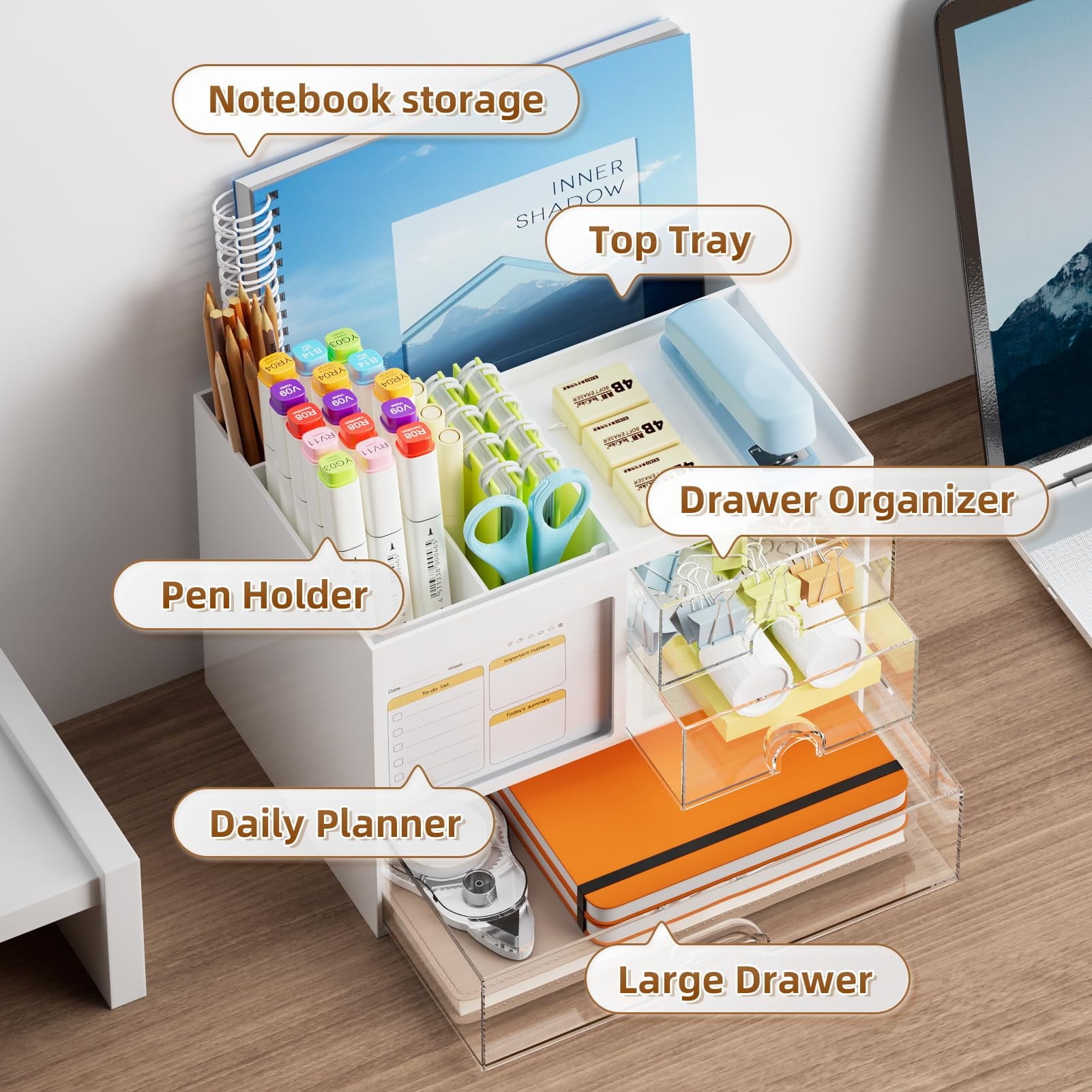 with 3 Drawer， s and Accessories with 4 Compartments，Multi-Functional Pencil Pen Holder for ,1 pack - Image 3