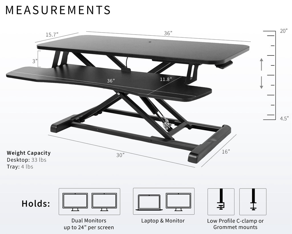 Black Height Adjustable 36" Standing Desk Monitor Riser, Sit Stand Tabletop - Image 3