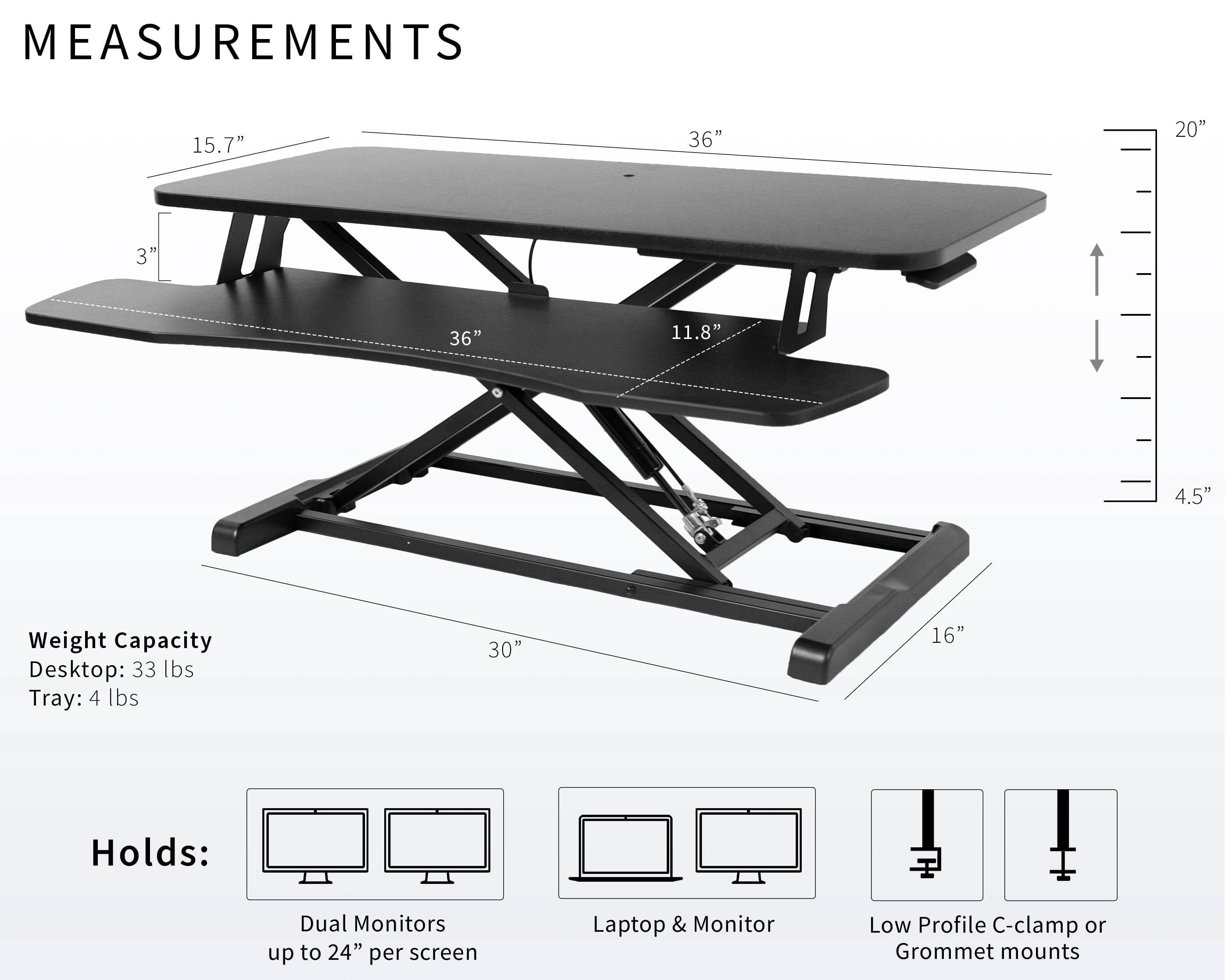 Black Height Adjustable 36" Standing Desk Monitor Riser, Sit Stand Tabletop - Image 3