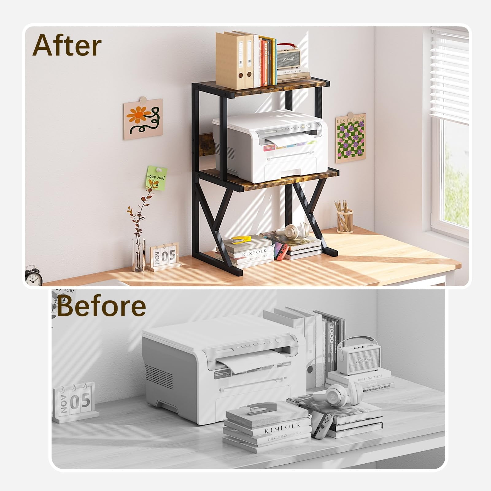 with 3 Tier Wood Storage Shelves,Under Desk Table,Multi-Purpose Home Office Desk Organizer for Fax Machine, Scanner (... - Image 3