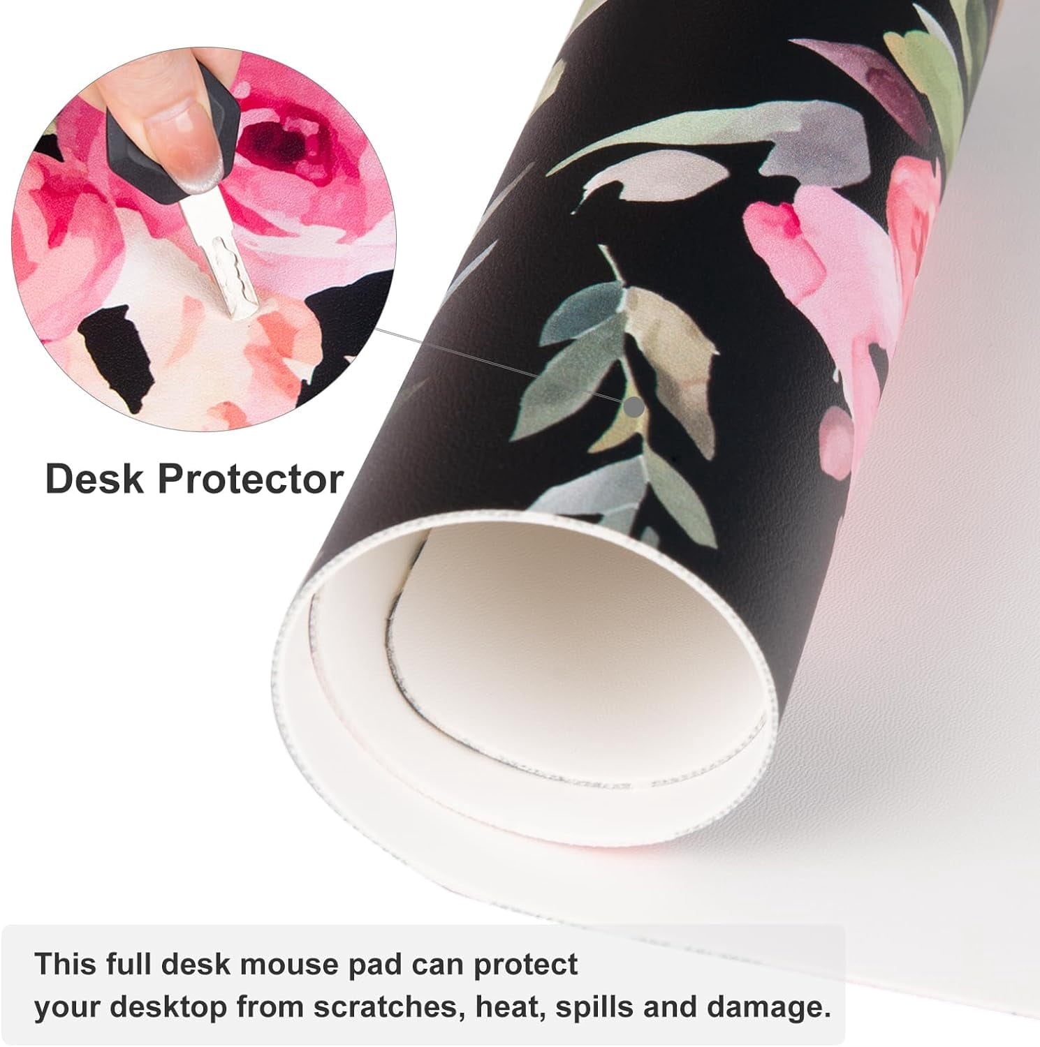 Large Mouse Pad for Desk, Cute Desk Mat for Desktop, Women Girls Pink Flowers Office Décor Desk Accessories, PU Leather Waterproof Big Gamin - Image 5