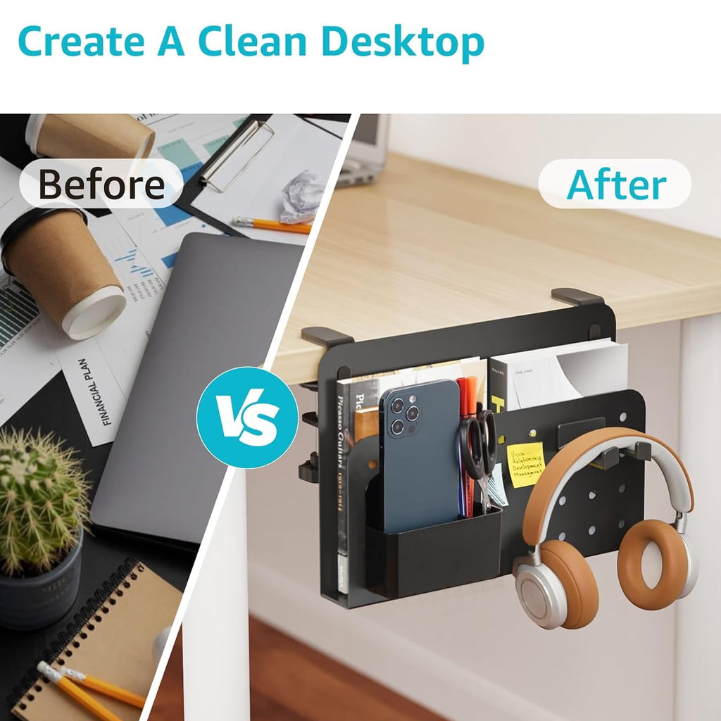 Desk Side Storage Organizer, No Drill Under Desk Laptop Holder, Clamp on Desks Shelf with Pegboard Accessories, Hanging Laptop Mount, Fits F - Image 2