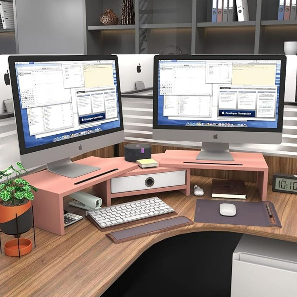 Dual 3 Shelf Computer Riser with Drawer, Adjustable Length and Angle, Desktop 2 Monitor Stand Storage Organizer - Image 2