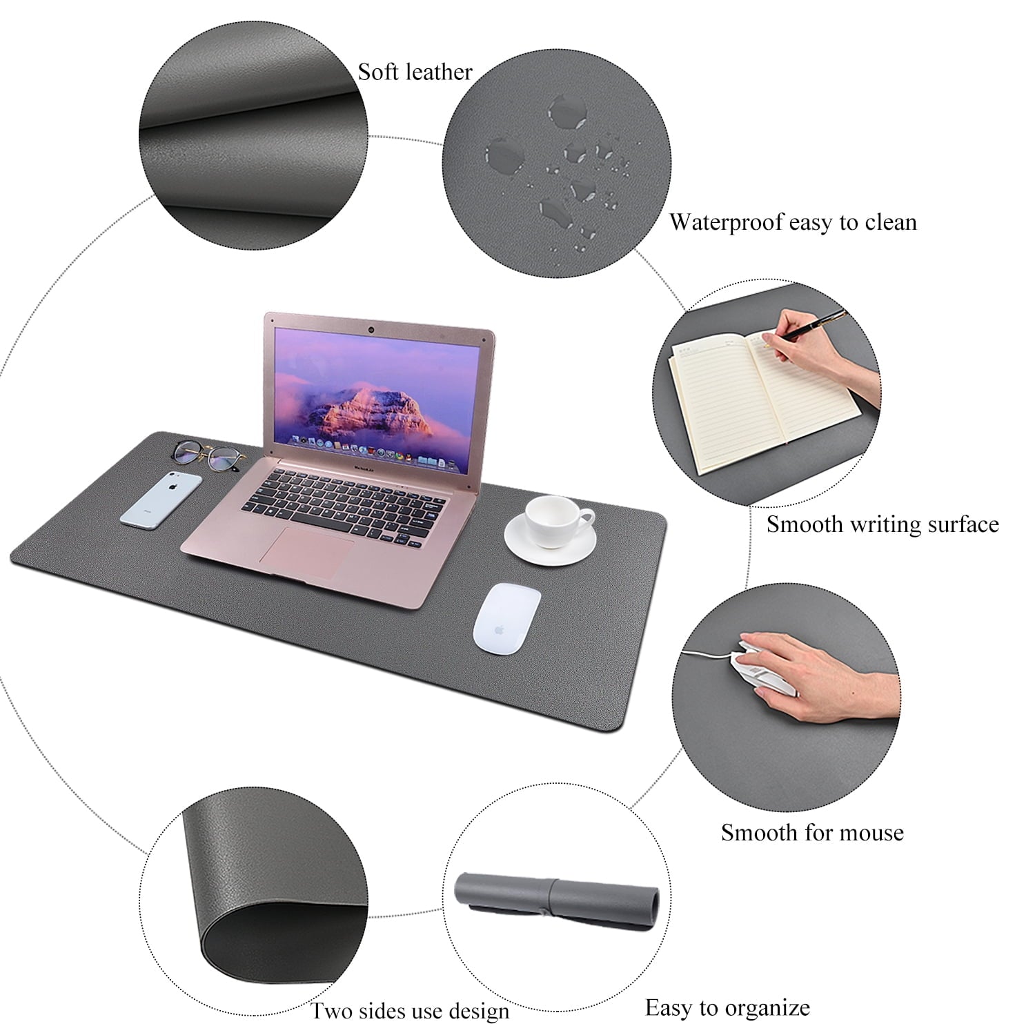 Gray Desk Pad Mat,Large Mouse pad,PU Leather Waterproof Non Slip Desktop Mat  ONLVAN - Image 4