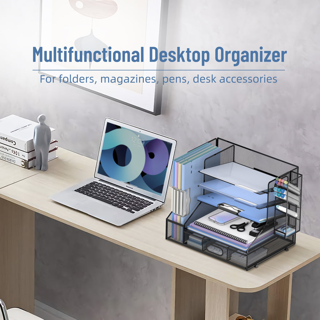 INTIGE Desk Organizer with File Holder, 5-Tier Mesh Paper Letter Tray Organizer with Pen Holder and Drawer, Desktop Organizer and Storage wi - Image 5