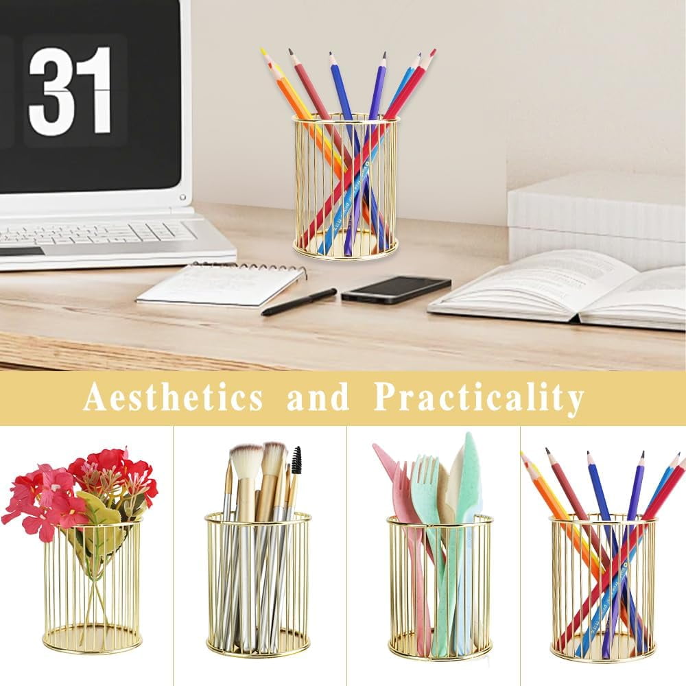 RETON 2 Pack Gold Pencil Holder, Metal Wire Pen Holder for Desk Cute, Makeup Brushes Holder, Pen Cup for with 2 Pens, Desk Organizer Gold fo - Image 6