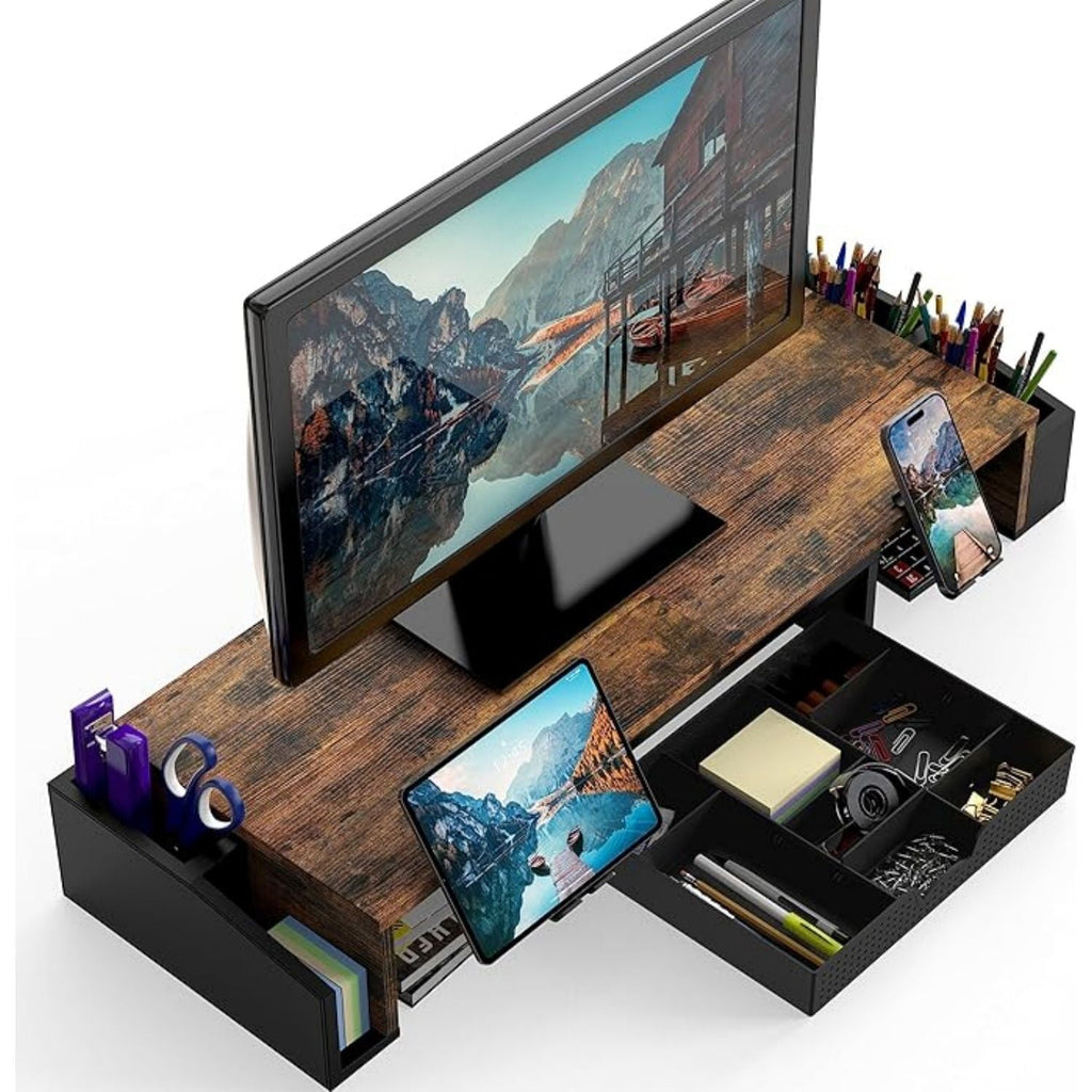 Desk Dual Monitor Stand Riser with Drawer, Rustic Brown - Image 5