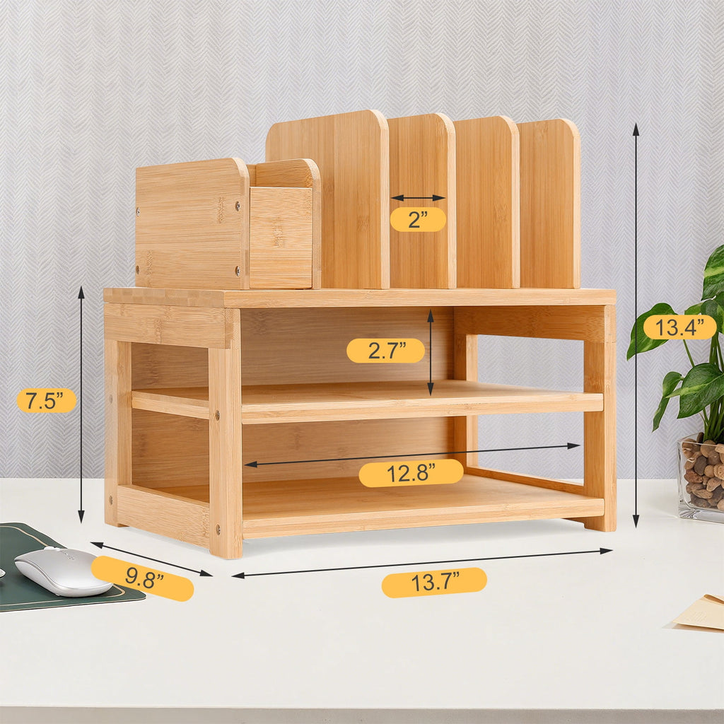 Bamboo Desk Organizer with File Holder & Adjustable Pen Holding, 3-Tier Desktop Letter Paper Tray Storage - Image 5