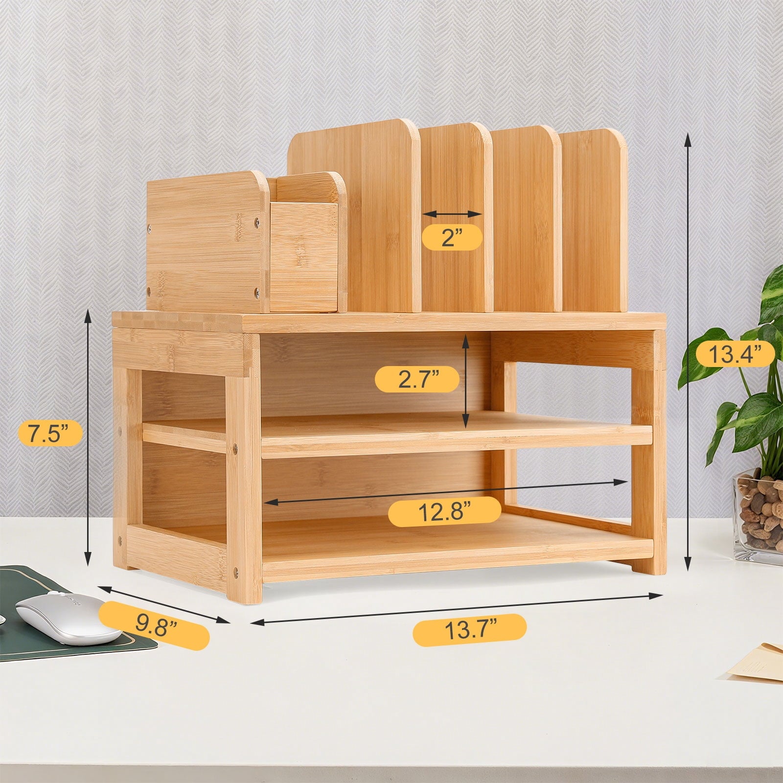 Bamboo Desk Organizer with File Holder & Adjustable Pen Holding, 3-Tier Desktop Letter Paper Tray Storage - Image 5