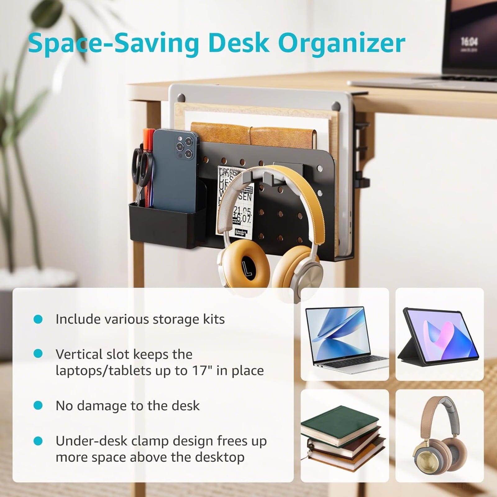 Desk Side Storage Organizer, No Drill Under Desk Laptop Holder, Clamp on Desks Shelf with Pegboard Accessories, Hanging Laptop Mount, Fits F - Image 3
