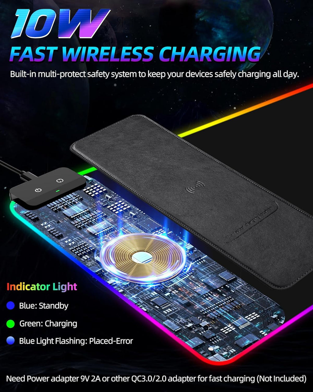 RGB Gaming Mouse Pad with Wireless Chargeing, LED Large Desk Mat, Ultra-Smooth Surface, Non-Slip Rubber Base, Waterpr... - Image 2