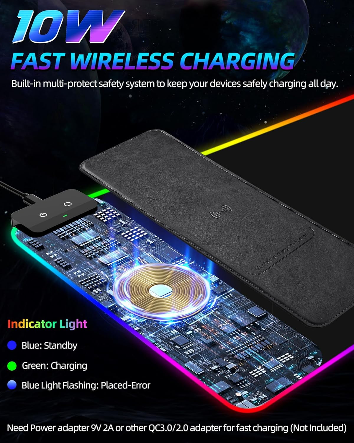 RGB Gaming Mouse Pad with Wireless Chargeing, LED Large Desk Mat, Ultra-Smooth Surface, Non-Slip Rubber Base, Waterpr... - Image 2